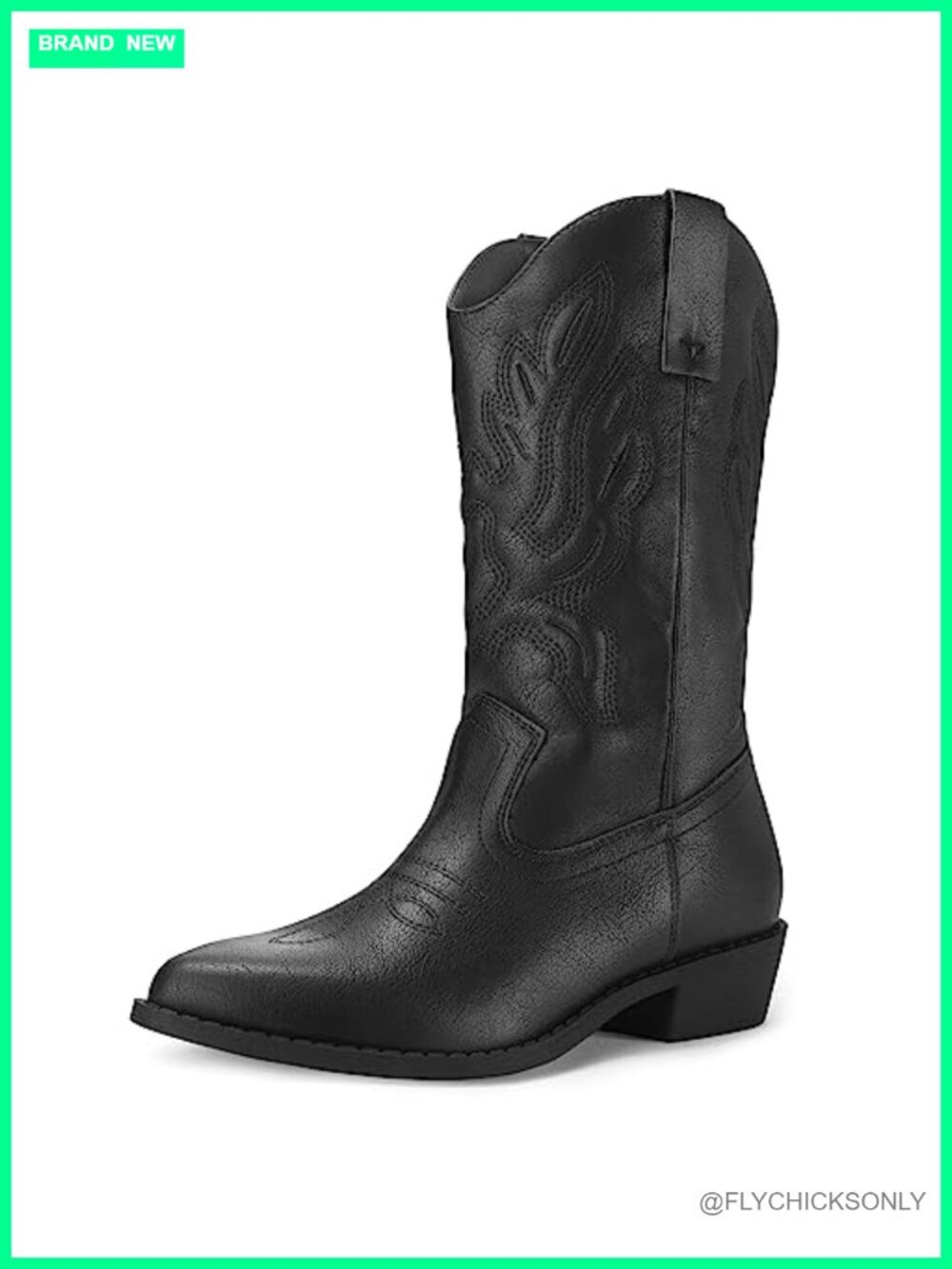Mid Calf Cowboy Boots Faux Leather Chunky Heel Embroidered Western
